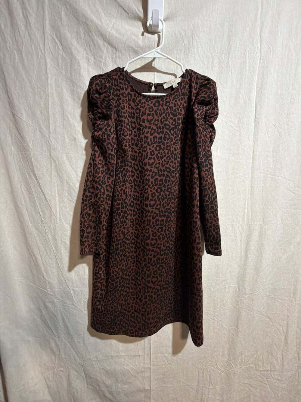 LOFT Brown Leopard Print Ruched Sleeve Shift Dress